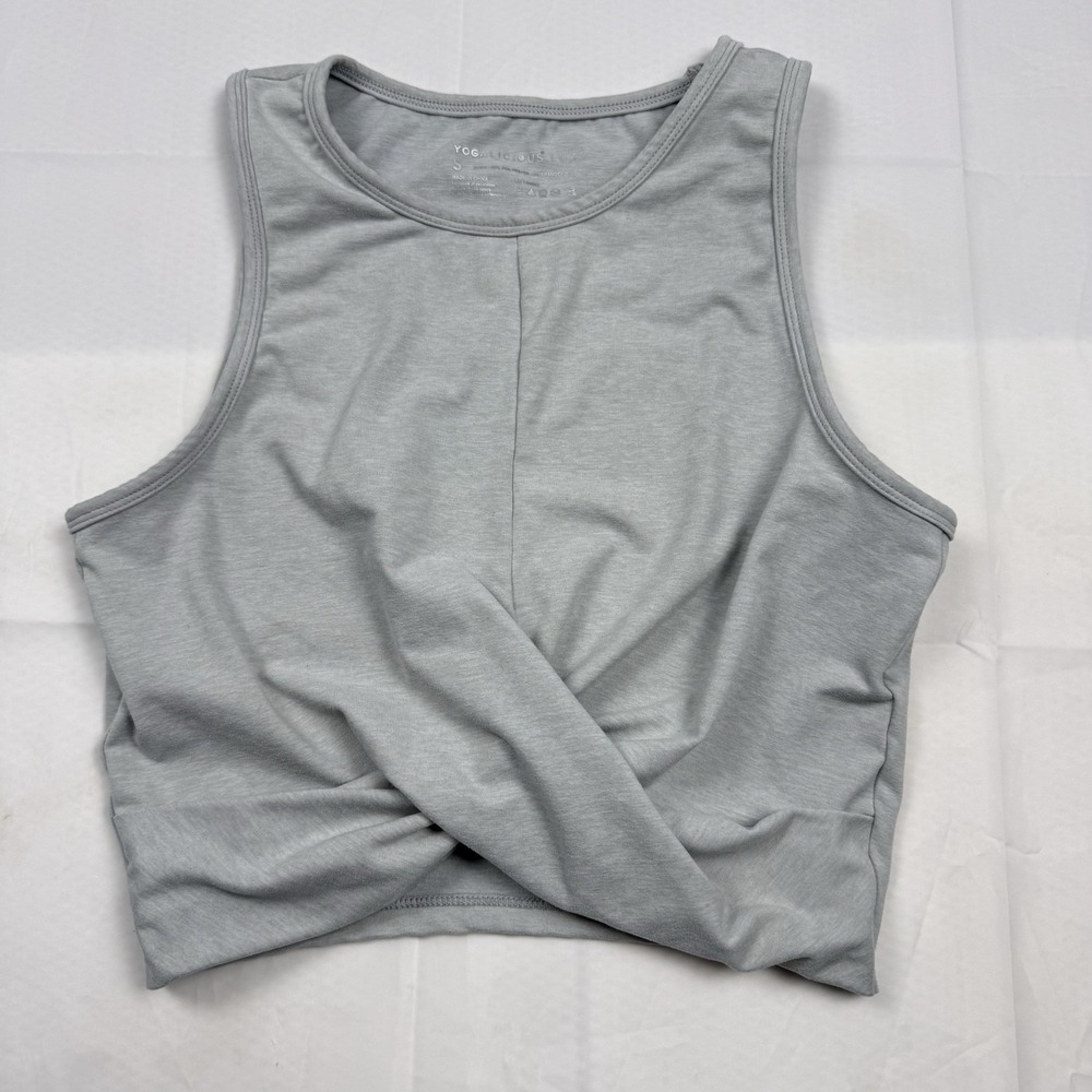 Yogalicious Lux Twist Front Crop Top Sleeveless Athletic Yoga Womens Sz S Gray
